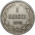 Монета 1 марка 1892 L Русская Финляндия