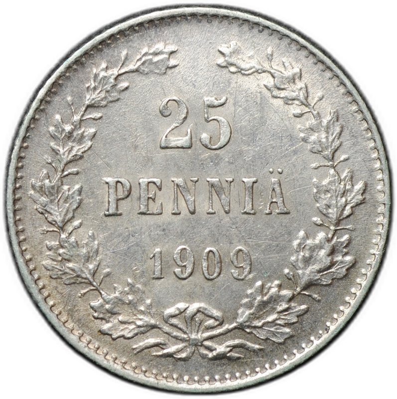 Монета 25 пенни 1909 L Русская Финляндия