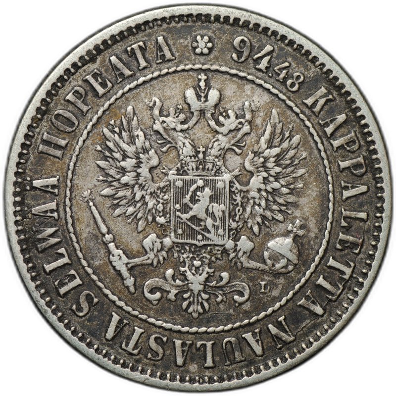 Монета 1 марка 1890 L Русская Финляндия