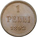 Монета 1 пенни 1892 Русская Финляндия