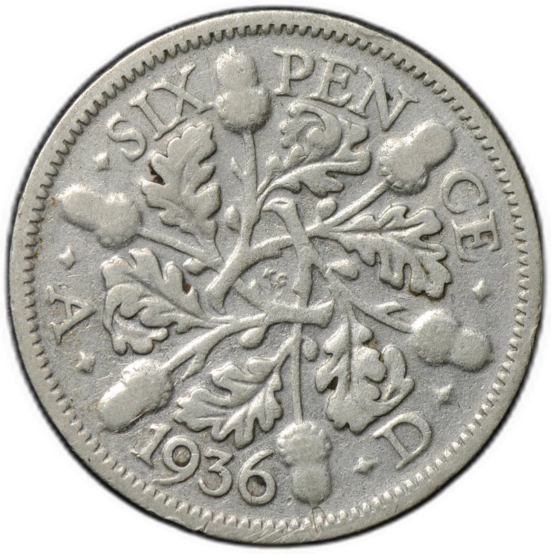 Монета 6 пенсов 1936 Великобритания