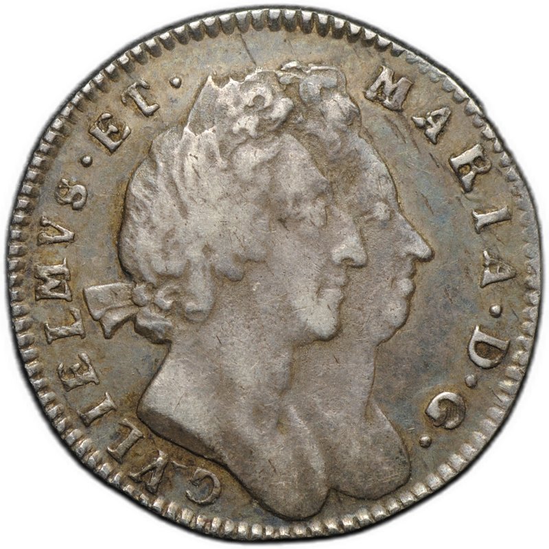 Монета 3 пенса 1691 старый тип Вильгельм III и Мария II Англия