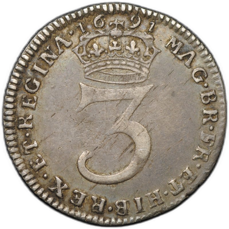 Монета 3 пенса 1691 старый тип Вильгельм III и Мария II Англия