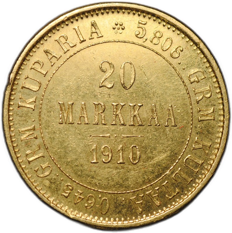 Монета 20 марок 1910 L Русская Финляндия