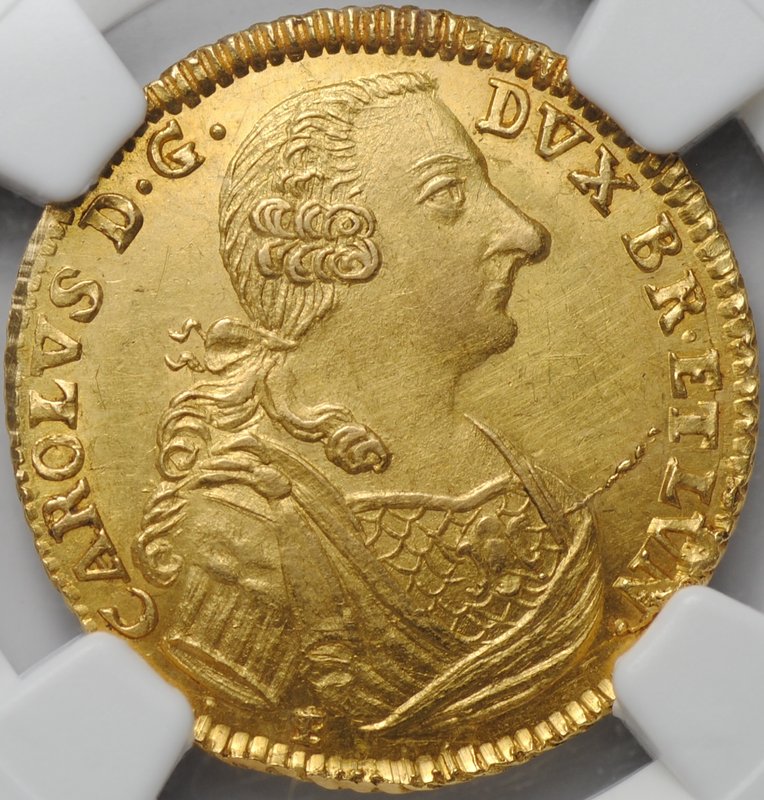 Монета 5 талеров 1763 Е Брауншвейг-Вольфенбюттель слаб NGC UNC Det. TRAVELER COLLECTION