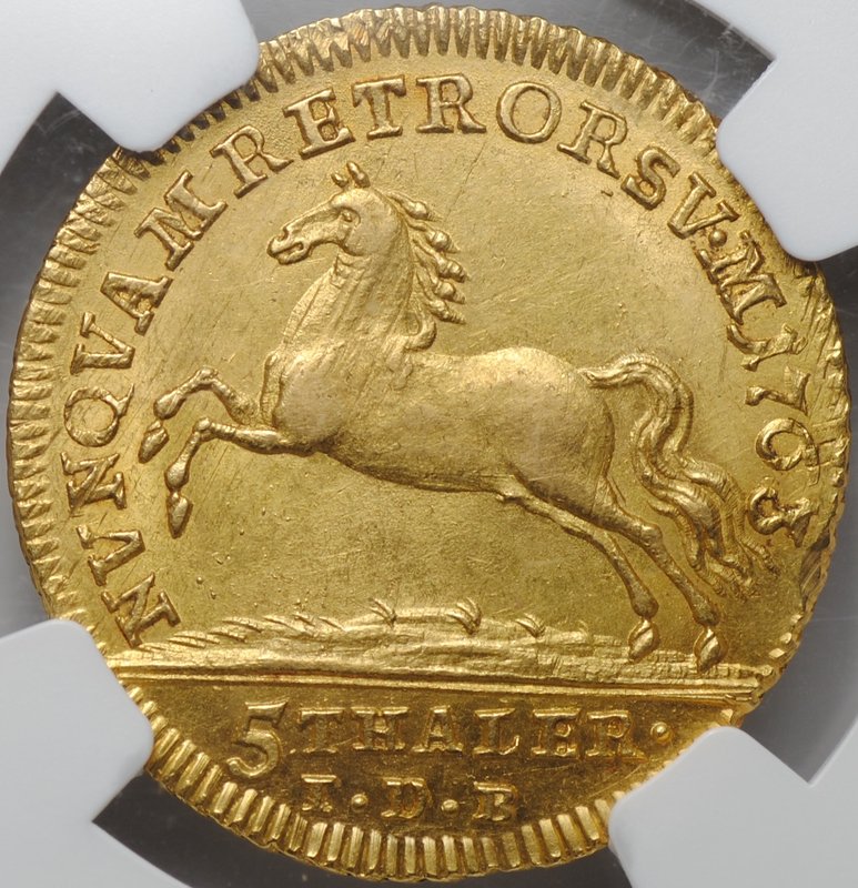 Монета 5 талеров 1763 Е Брауншвейг-Вольфенбюттель слаб NGC UNC Det. TRAVELER COLLECTION