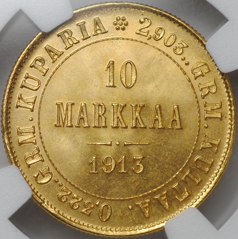 Монета 10 марок 1913 S Русская Финляндия слаб NGC MS 66+