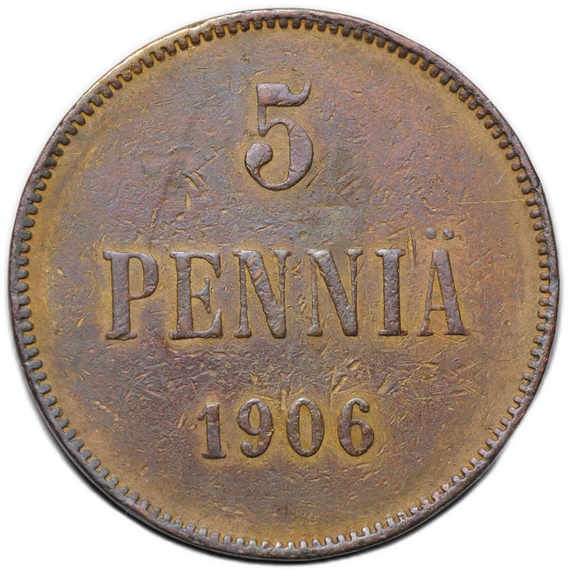 Монета 5 пенни 1906 Русская Финляндия