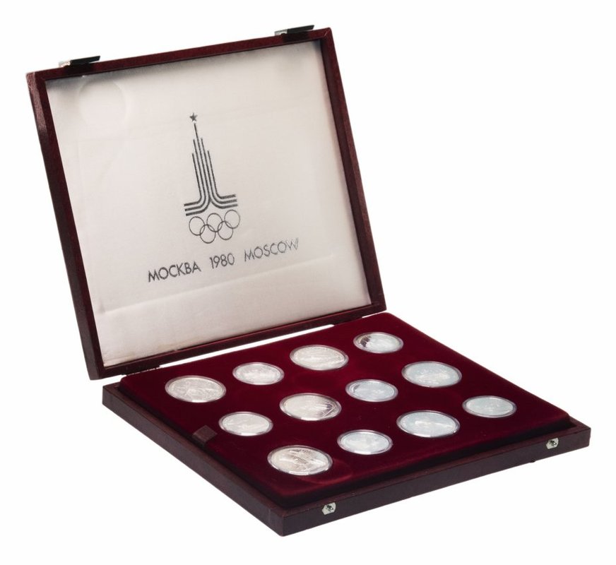 Набор 5, 10 рублей 1977-1980 Олимпиада 80 Москва серебро PROOF 28 монет в красной коробке