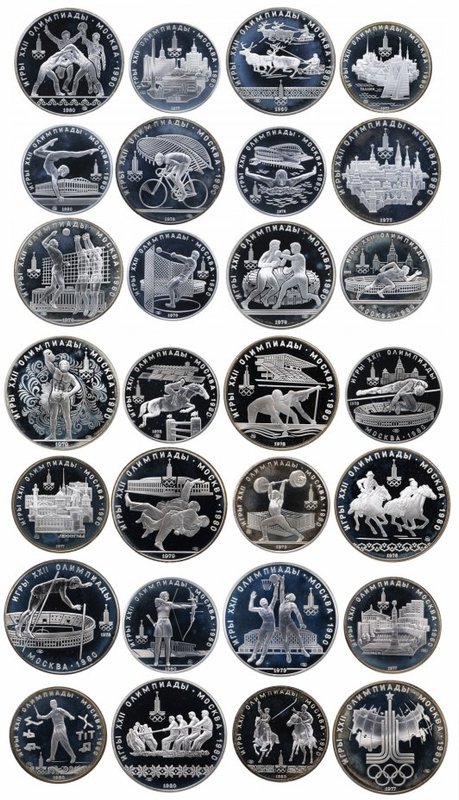 Набор 5, 10 рублей 1977-1980 Олимпиада 80 Москва серебро PROOF 28 монет в красной коробке