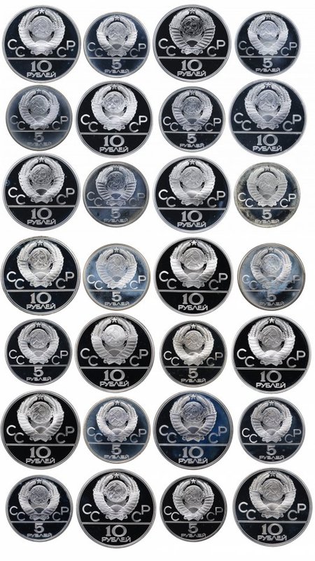 Набор 5, 10 рублей 1977-1980 Олимпиада 80 Москва серебро PROOF 28 монет в красной коробке