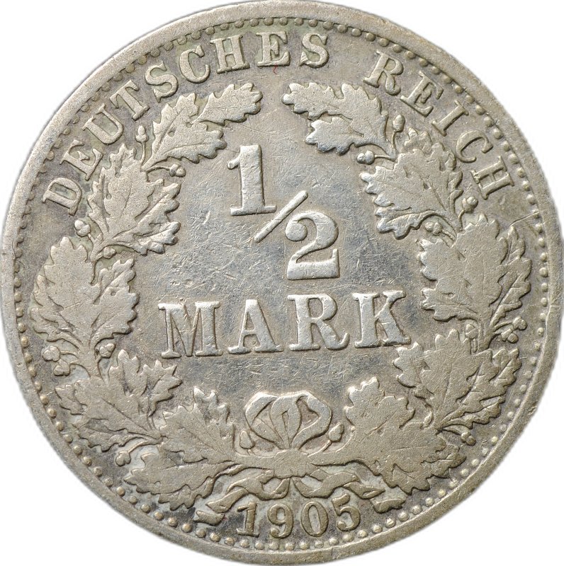 Монета 1/2 марки 1905 А Германия