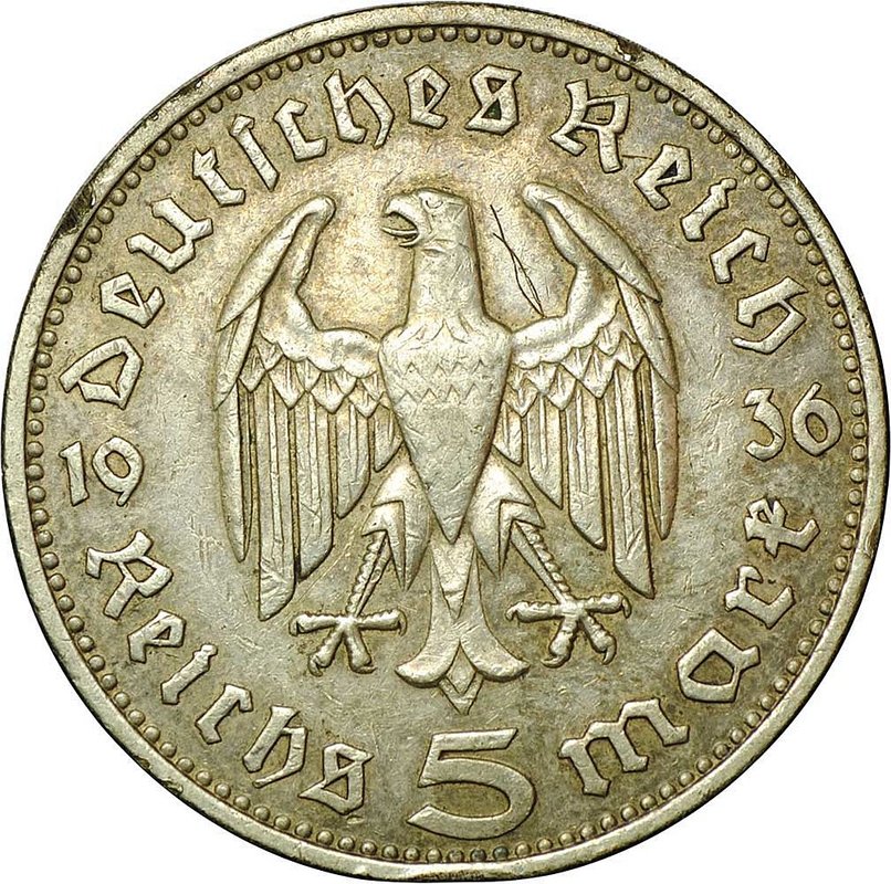 Монета 5 рейхсмарок (марок) 1936 J новый тип Третий Рейх Германия