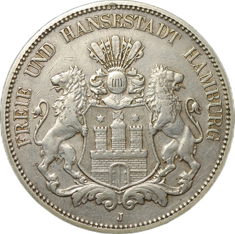 Монета 5 марок 1908 Гамбург Германия