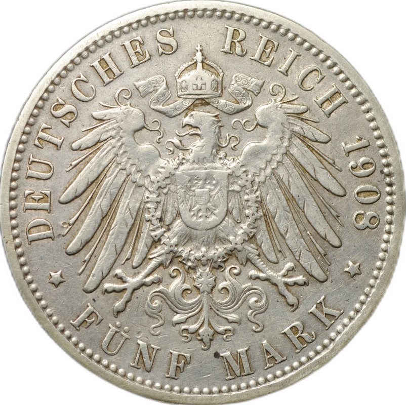 Монета 5 марок 1908 Гамбург Германия