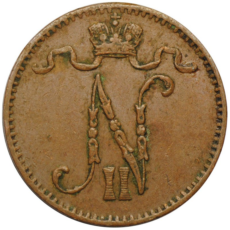 Монета 1 пенни 1907 Русская Финляндия