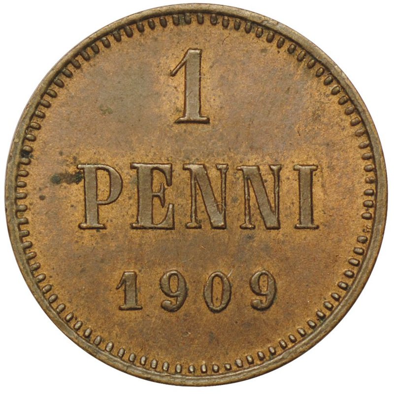 Монета 1 пенни 1909 Русская Финляндия UNC
