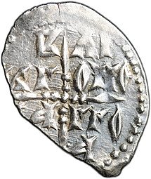 фото для Монета Денга 1420-1478 Легенда в кресте | Князь сидит, крест в центре Новгород Аверс