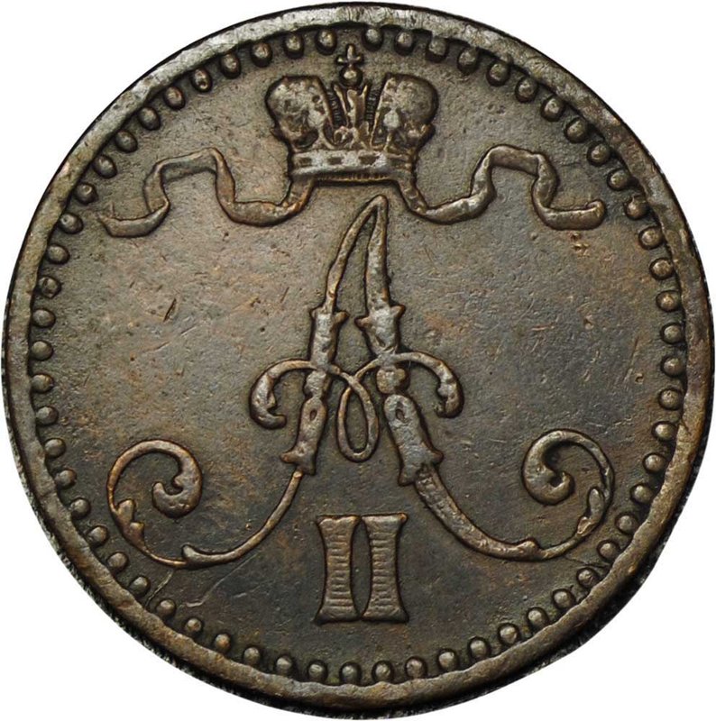 Монета 1 пенни 1870 Русская Финляндия