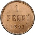 Монета 1 пенни 1891 Русская Финляндия