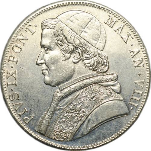 Монета 5 лир 1870 Папская область Италия