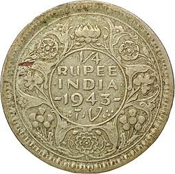 Монета 1/4 рупии 1943 Британская Индия