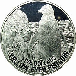 Монета 5 долларов 2011 Желтоглазый пингвин серебро Новая Зеландия