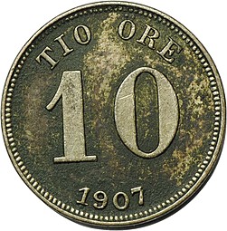 Монета 10 эре 1907 Швеция