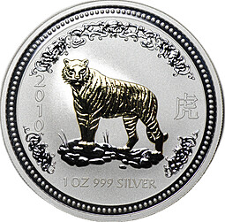 Монета 1 доллар 2007 Год тигра 2010 Лунар позолота Австралия