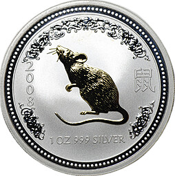 Монета 1 доллар 2007 Год мыши крысы 2008 Лунар позолота Австралия