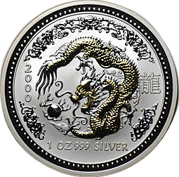 Монета 1 доллар 2000 Год дракона Лунар позолота Австралия