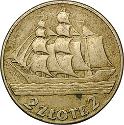 Монета 2 злотых 1936 15 лет порту Гдыня Парусник Польша