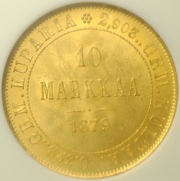 Монета 10 Марок 1879 S Русская Финляндия слаб NGC MS64