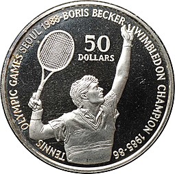 Монета 50 долларов 1987 Олимпиада Сеул 1988 Теннис - Борис Беккер Ниуэ