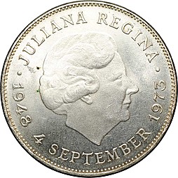 Монета 10 гульденов 1973 Королева Юлиана 25 лет правления Нидерланды