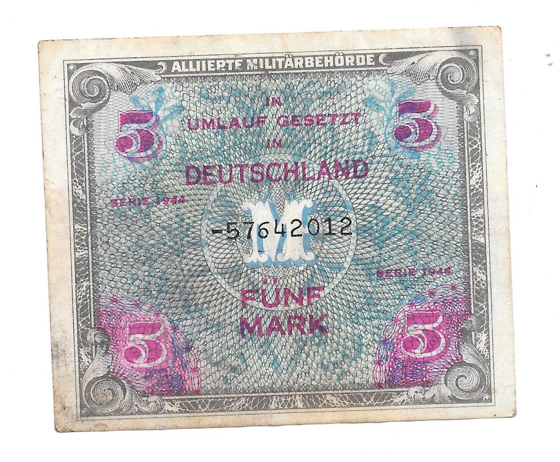 Банкнота 5 марок 1944 Зона окупации Красной Армии СССР Германия