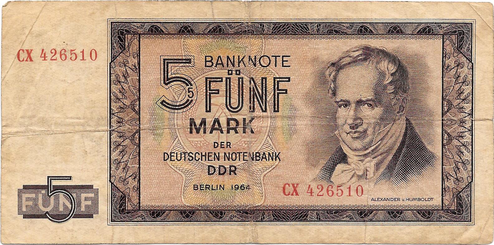 Банкнота 5 марок 1964 ГДР Германия