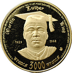 Монета 3000 франков КФА 1968 Мартин Лютер Кинг Центральная Африканская Республика