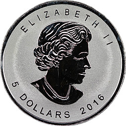 Монета 5 долларов 2016 Кленовый лист Отметка гризли Канада
