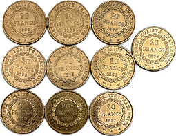 Инвестиционный лот золотые 20 франков 1876-1898 Ангел Франция 10 монет золото